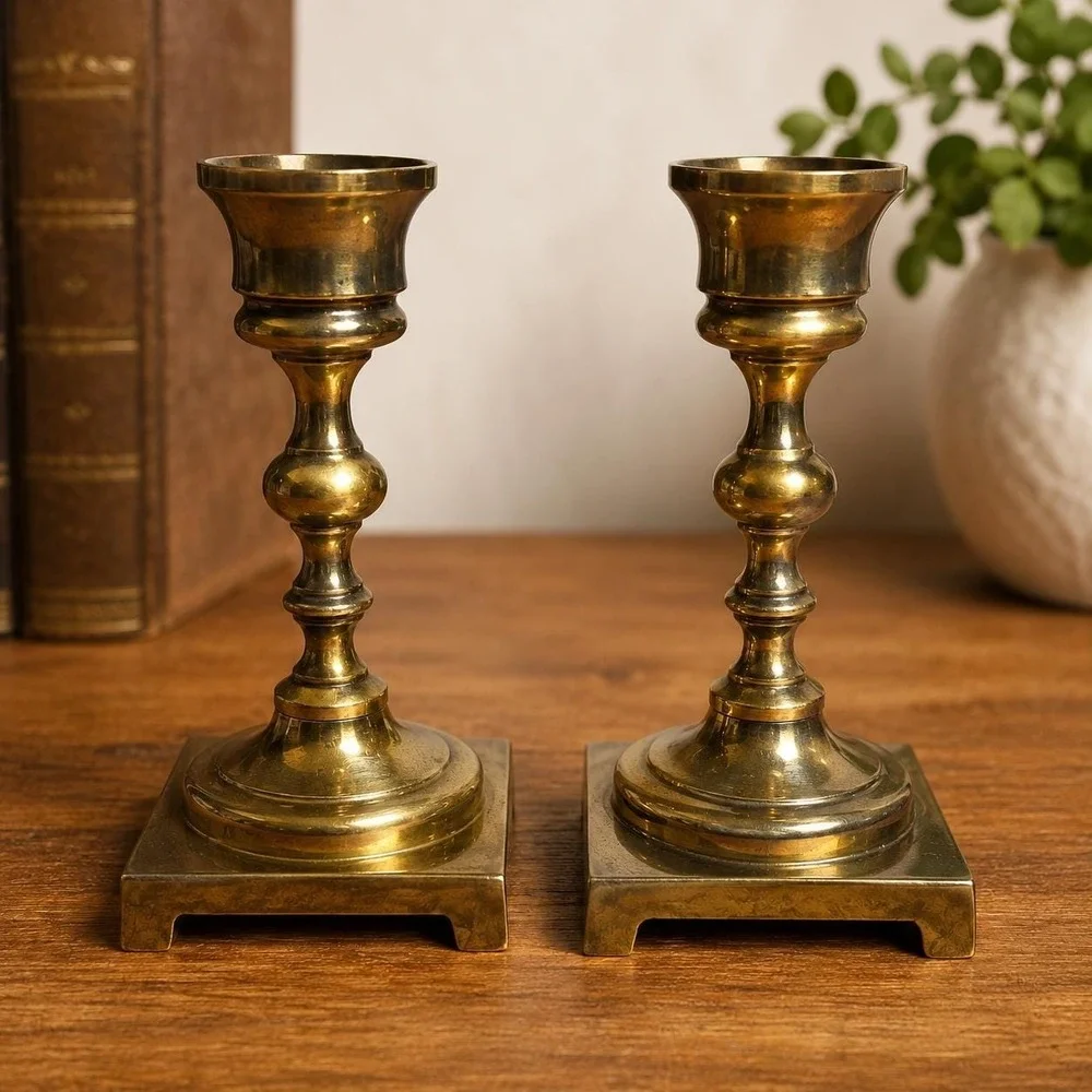 VTG Solid Brass Candlestick Holders Pair Mid Century Traditional Mantel Decor